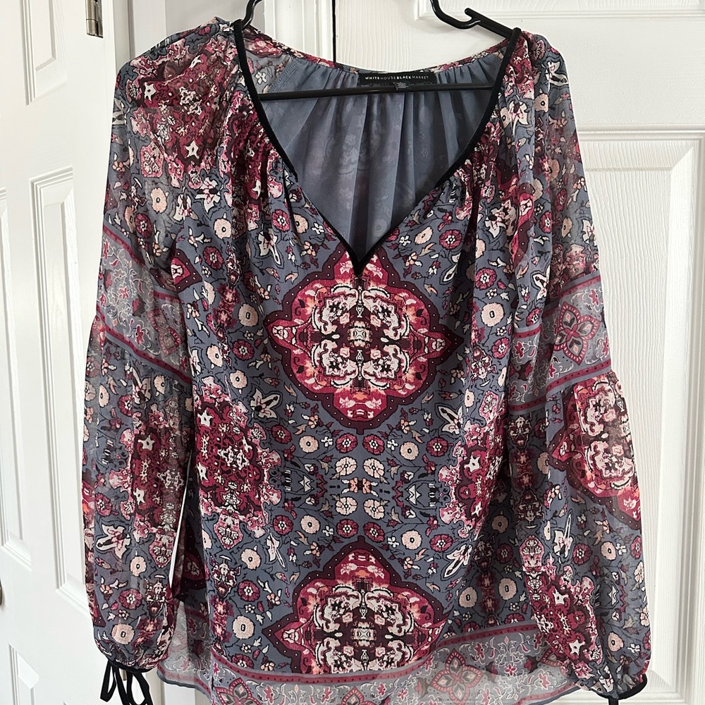White House Black Market Red and Blue Patterned Blouse